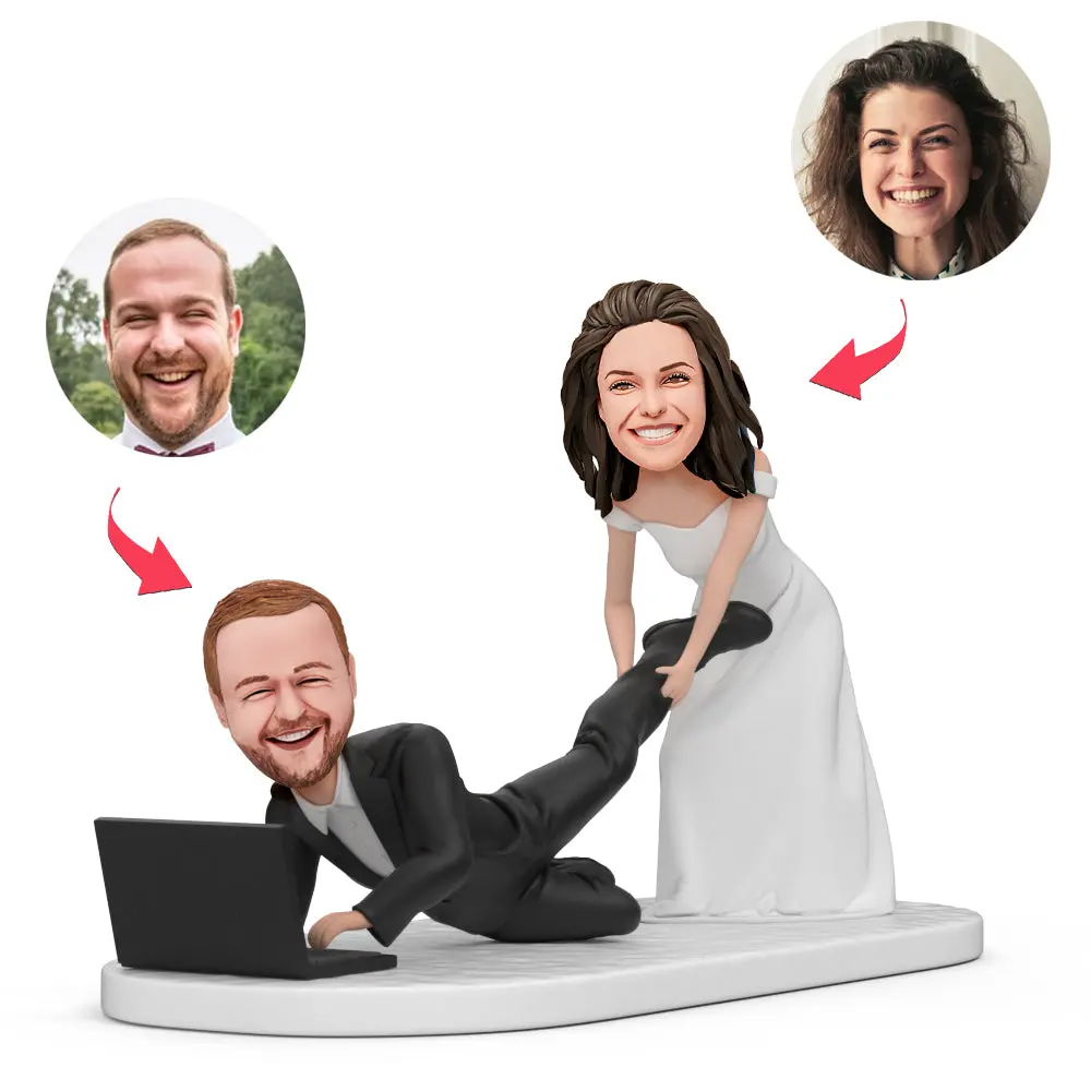 Cartoon bride pulling groom away from a laptop as their circular portrait photos hover above, in a humorous wedding scene.