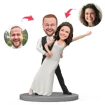 Personalized wedding cake topper: cartoon bride and groom dancing, with round guest photos on each side in circular frames.