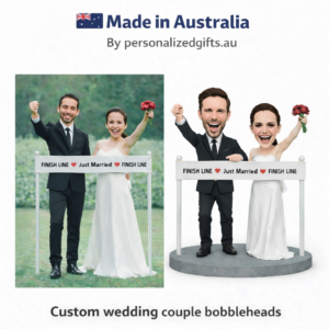 Custom Wedding Caketopper Groom and Bride Marathoner Bobblehead with Engraved Text