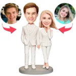 Cartoon couple figurines in white suits on a pedestal, with two real-person photos above and arrows indicating exchange.