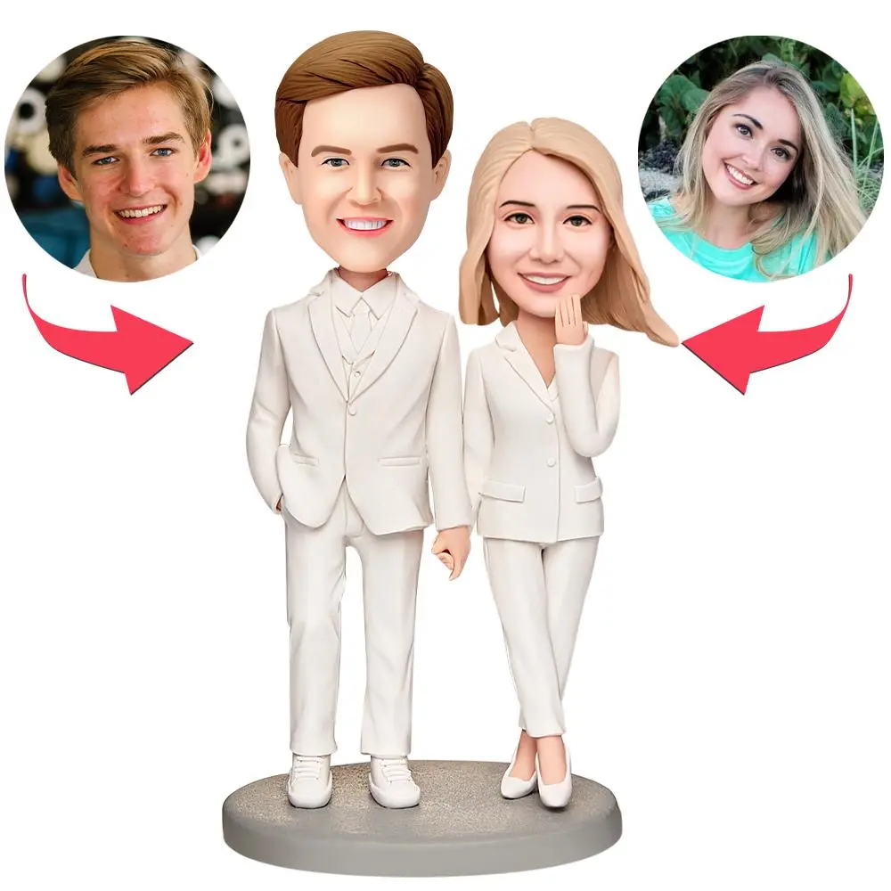 Cartoon couple figurines in white suits on a pedestal, with two real-person photos above and arrows indicating exchange.