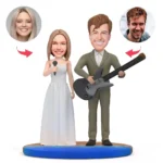 Cartoon bride with mic and guitarist groom on a blue pedestal; round headshots above with arrows showing customizable faces.
