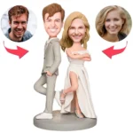 Couple figurine with two circular photos linked by arrows, illustrating a face-swap between the photos.