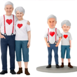Elderly couple with matching white shirts and red hearts, standing with two smaller, same-outfit figurines on a round base.