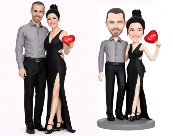 Real couple in formal outfits posing with a red 'Love' heart, left; a cartoonish figurine pair with the same pose on the right.
