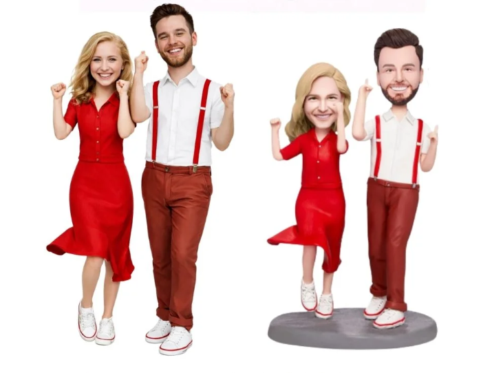 Four cartoon-style figurines of two couples in red and white, posing with fists raised against a white background.