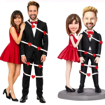Couple wrapped in white ribbon with red hearts, posing in red dresses and black suits for Valentine’s Day theme
