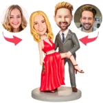 Cartoon wedding cake topper of a dancing couple; four circular headshots show customizable faces with arrows pointing to the figures.