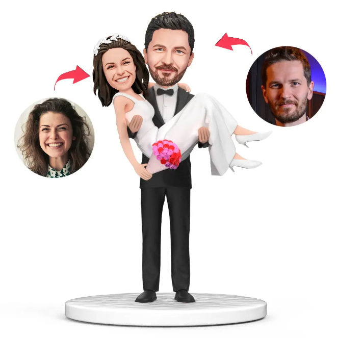 Cartoon groom in a tuxedo lifts a smiling bride in a white dress on a pedestal; two circular photos of people connected by red arrows sit to the sides.