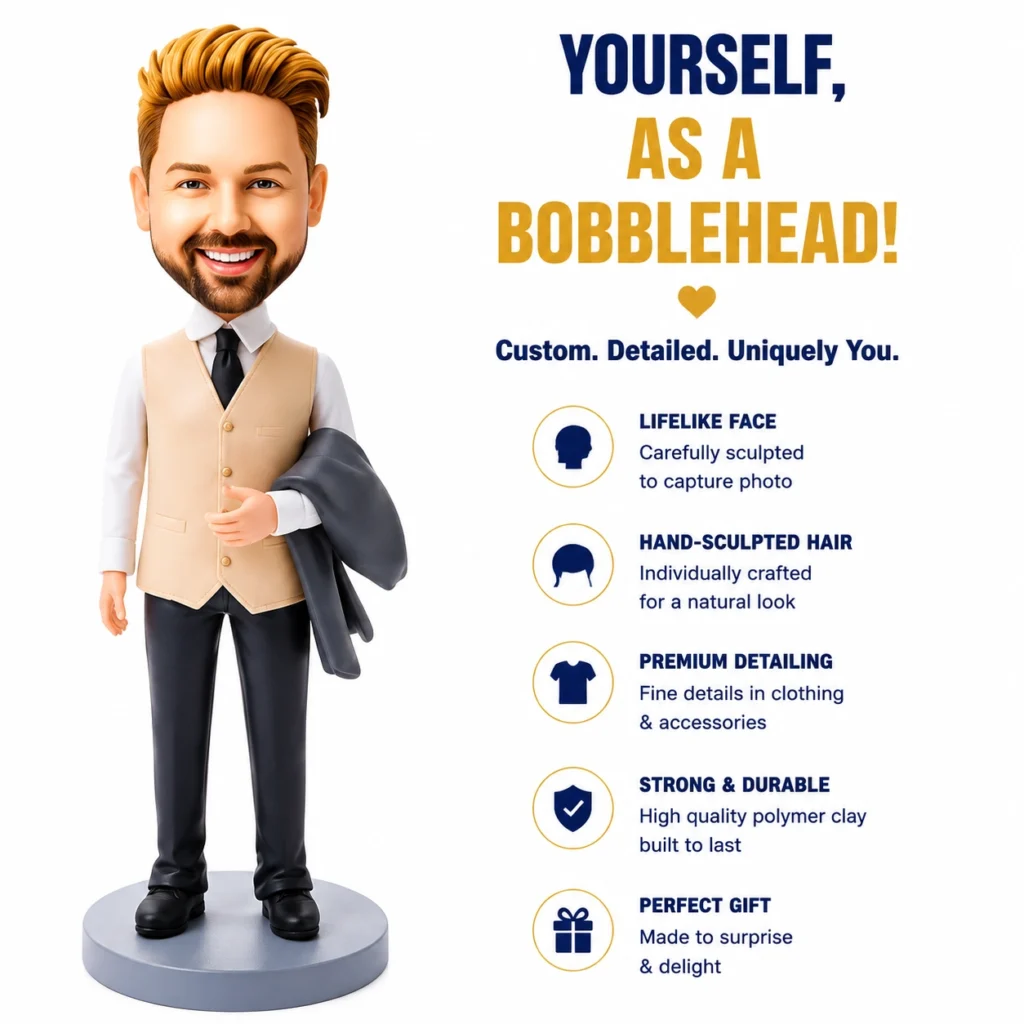 Bobblehead figure of a man in a beige vest next to an infographic about custom, detailed bobblehead likenesses.