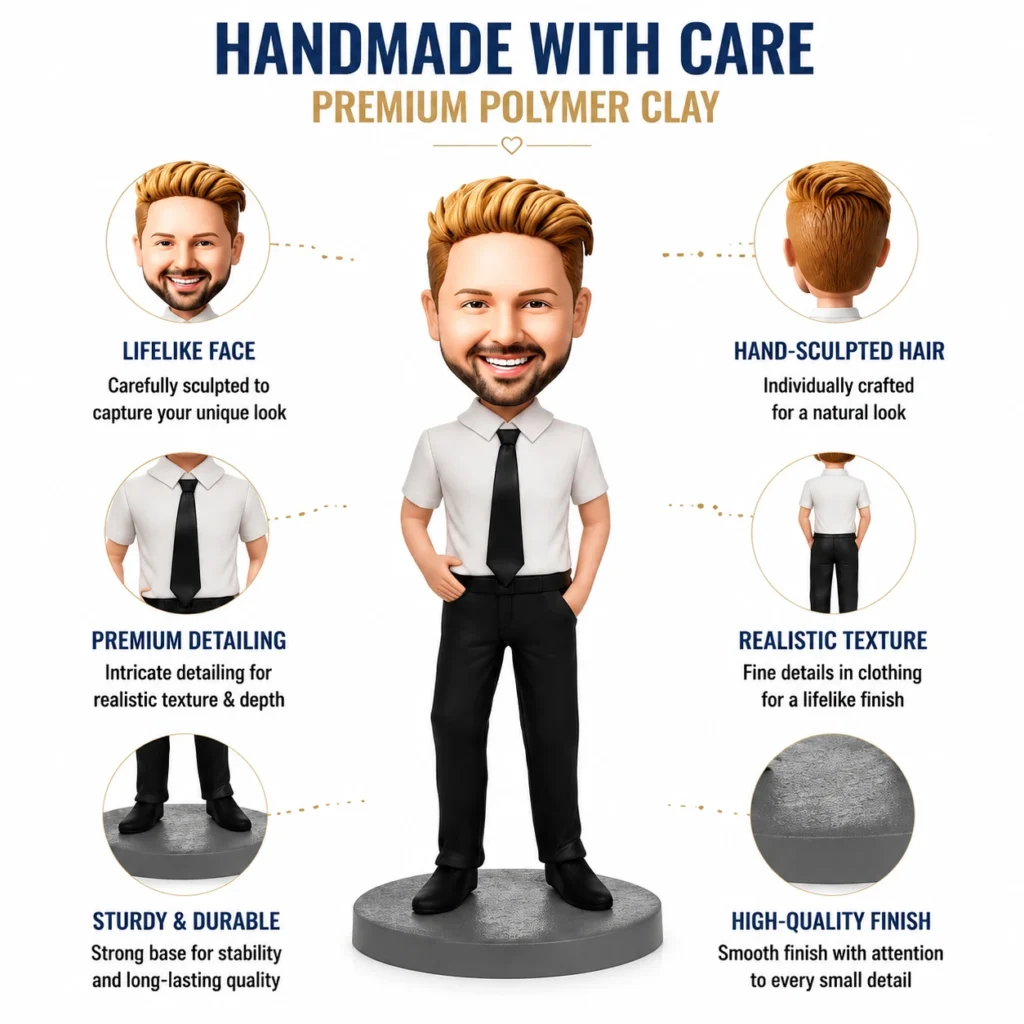 Infographic of a polymer clay figure with labeled features: lifelike face, sculpted hair, premium detailing, realistic texture, sturdy base.