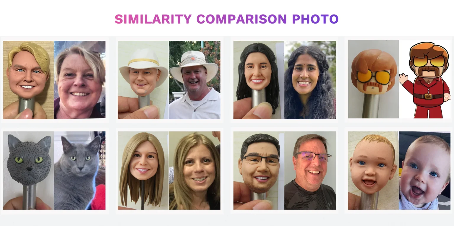 Collage of bobblehead-style heads on sticks, featuring real people and cartoon characters for a similarity comparison.