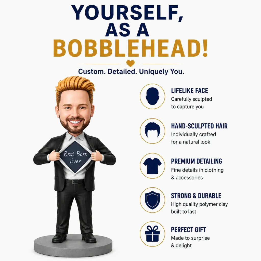 Bobblehead caricature of a smiling man in a suit pulling open his shirt to reveal 'Best Boss Ever' on a chest plate, with a right-side column listing features like lifelike face and hand-sculpted hair.