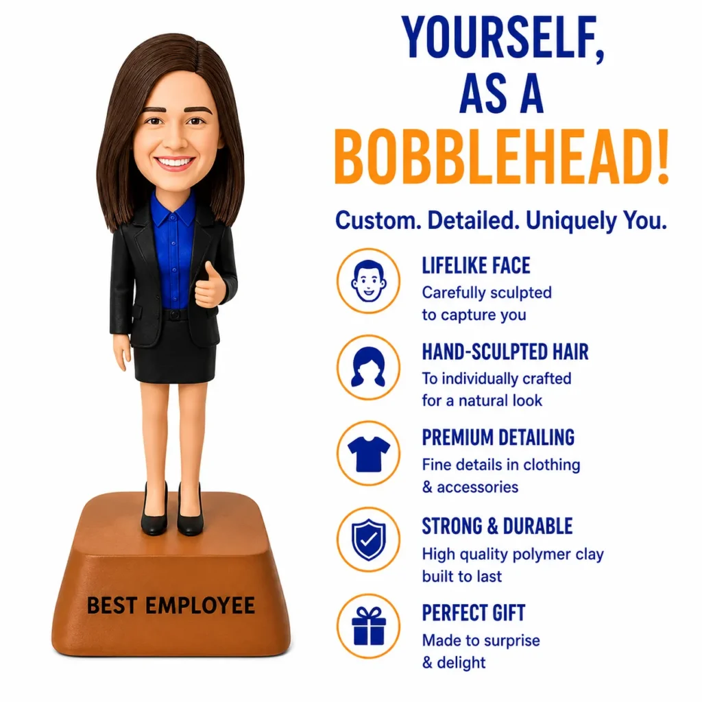 Bobblehead figure of a smiling woman in a blue shirt and black blazer standing on a brown pedestal that reads 'BEST EMPLOYEE', with a right-side infographic headline 'YOURSELF, AS A BOBBLEHEAD!' and listed features like lifelike face, hand-sculpted hair, premium detailing, strong & durable, and perfect gift.
