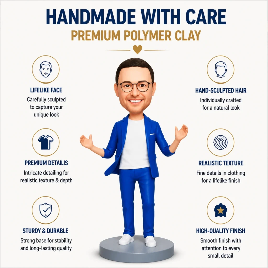 Infographic promoting handmade polymer clay, featuring a central cartoon man in blue, surrounded by six feature badges and descriptions like lifelike face and realistic texture.