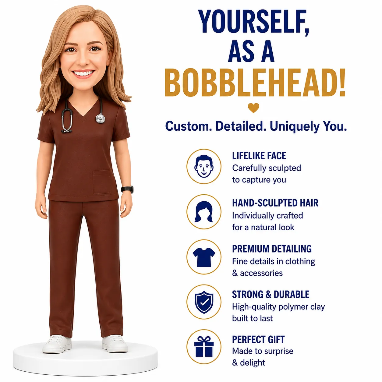 Cartoon nurse bobblehead in brown scrubs with a stethoscope, next to the text 'Yourself, as a Bobblehead!' and features list.