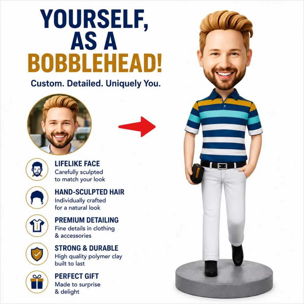 Animated bobblehead toy of a man, with arrow showing customization from photo to full figure on right.