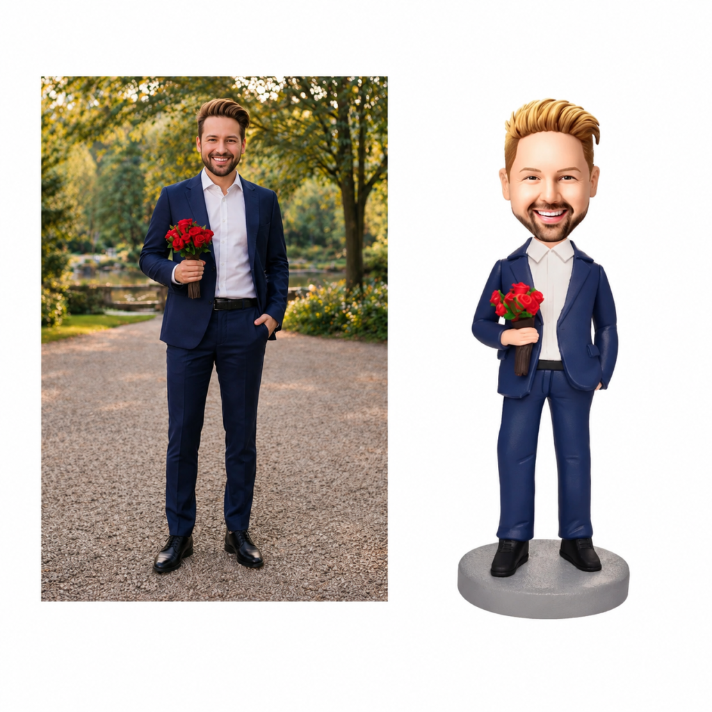 A man in a navy suit holding a bouquet of red roses, standing on a park path with trees in the background (real photo). The same image rendered as a blue-suited cartoon figurine holding roses on a gray pedestal.