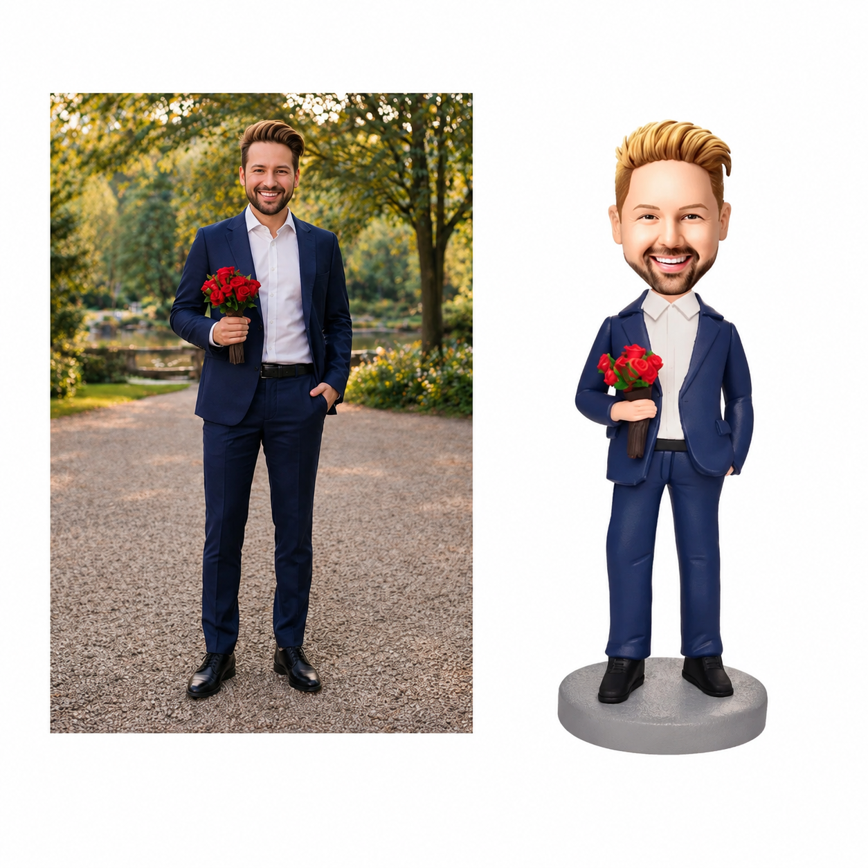 ChatGPT Image Aug 3 2026 12_39_55 PM - Personalized Gifts For All Occasions Gift Supplier A man in a navy suit holding a bouquet of red roses, standing on a park path with trees in the background (real photo). The same image rendered as a blue-suited cartoon figurine holding roses on a gray pedestal.