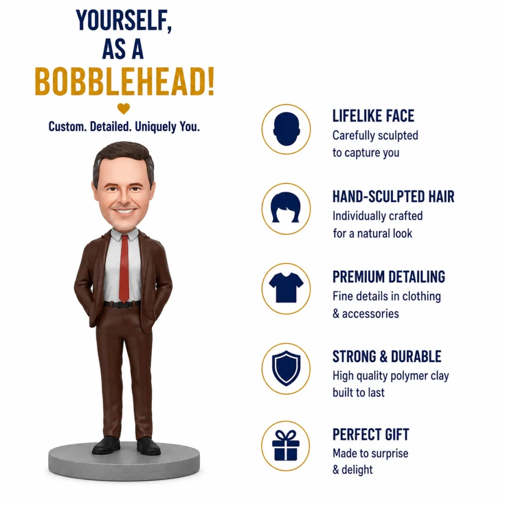 Bobblehead figure of a man in a brown suit and red tie with a right-side features list (lifelike face, sculpted hair, premium detailing, durability, gift).