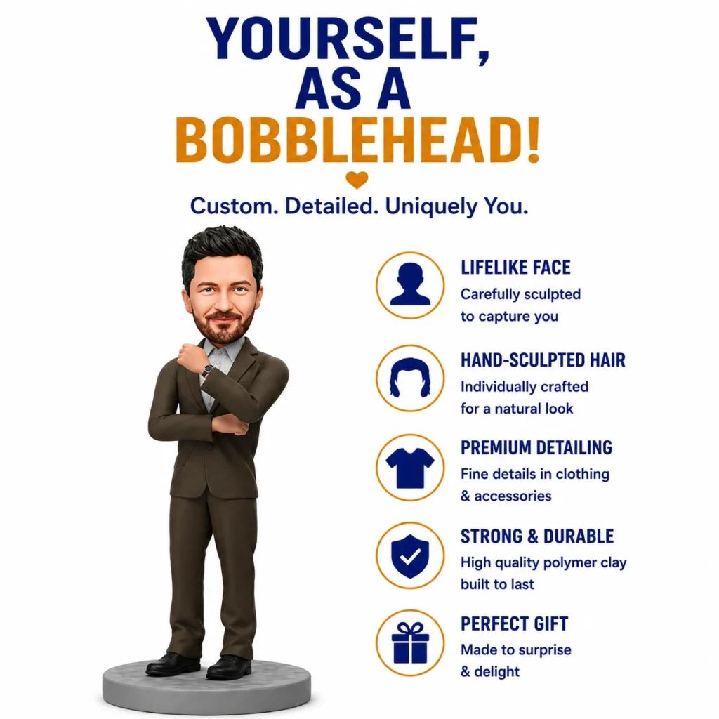 Infographic with a 3D bobblehead figure in a brown suit on the left and a list of features on the right: lifelike face, hand-sculpted hair, premium detailing, strong and durable material, and a gift-ready finish.