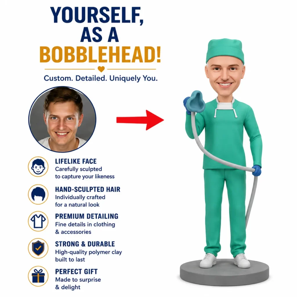 Advertisement for 'Yourself, as a Bobblehead' showing a real photo on the left and a green-scrubbed dental bobblehead on the right with a red arrow between them and a feature list on the left side.