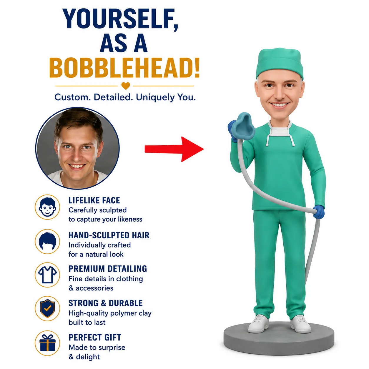 Advertisement for 'Yourself, as a Bobblehead' showing a real photo on the left and a green-scrubbed dental bobblehead on the right with a red arrow between them and a feature list on the left side.