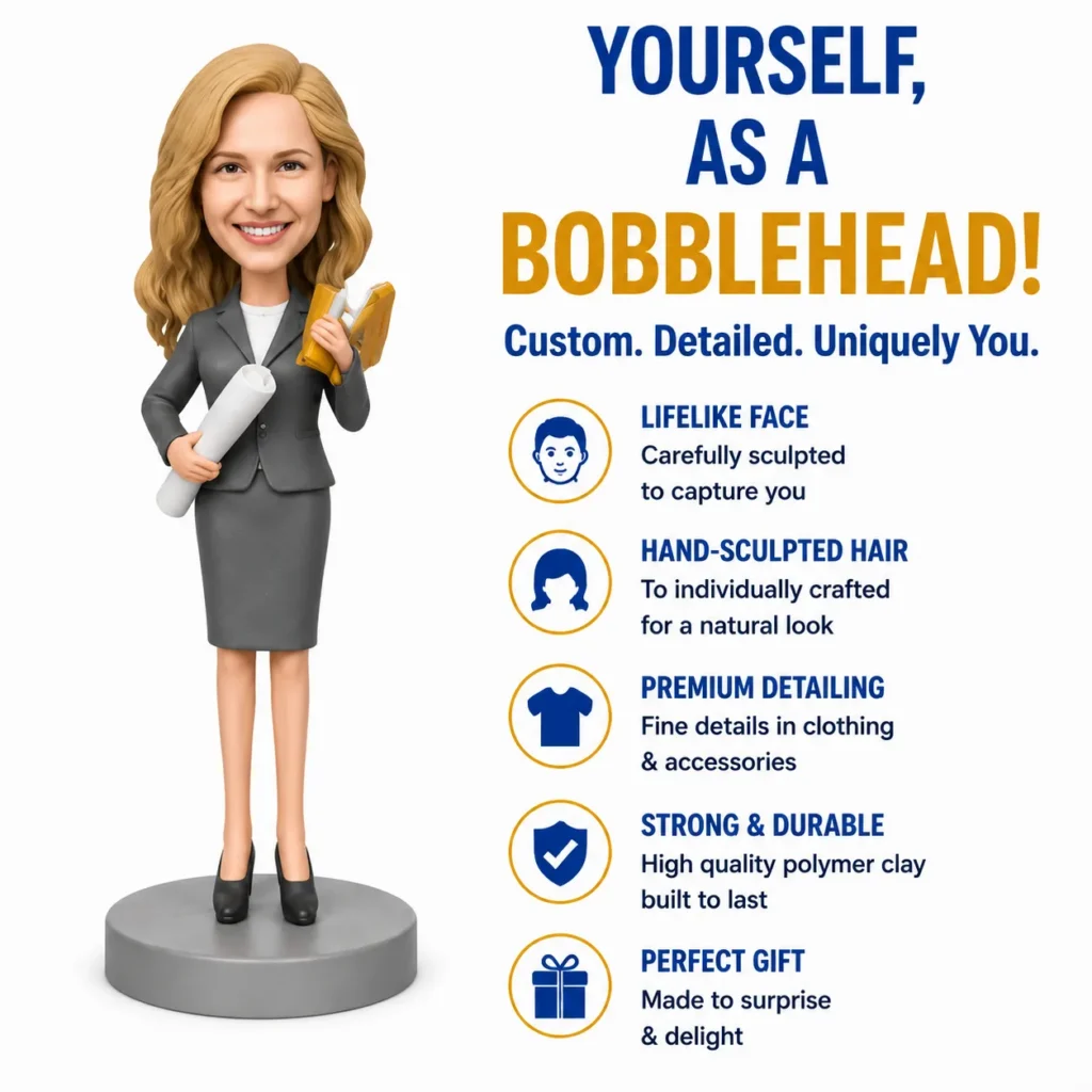 Cartoon businesswoman bobblehead with blueprints beside an ad for custom bobbleheads: lifelike features and detailing.