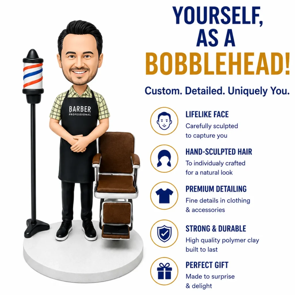 Bobblehead barber figure standing next to a vintage barber pole with the slogan 'Yourself, as a Bobblehead!' and a list of services on the right side for a barber ad (Lifelike face, Hand-sculpted hair, Premium detailing, etc.).