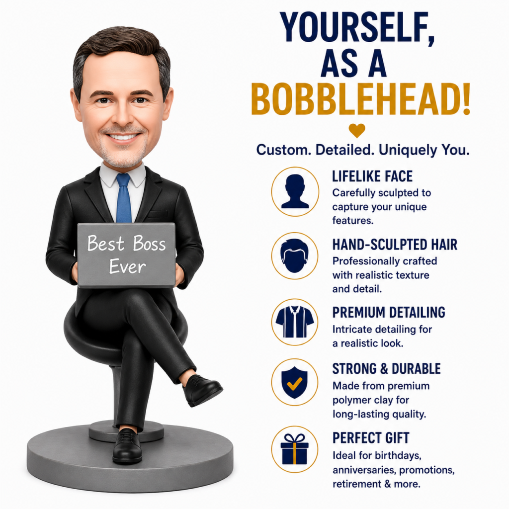 Bobblehead businessman in a suit holding a chalkboard that reads 'Best Boss Ever' beside a list of product features.