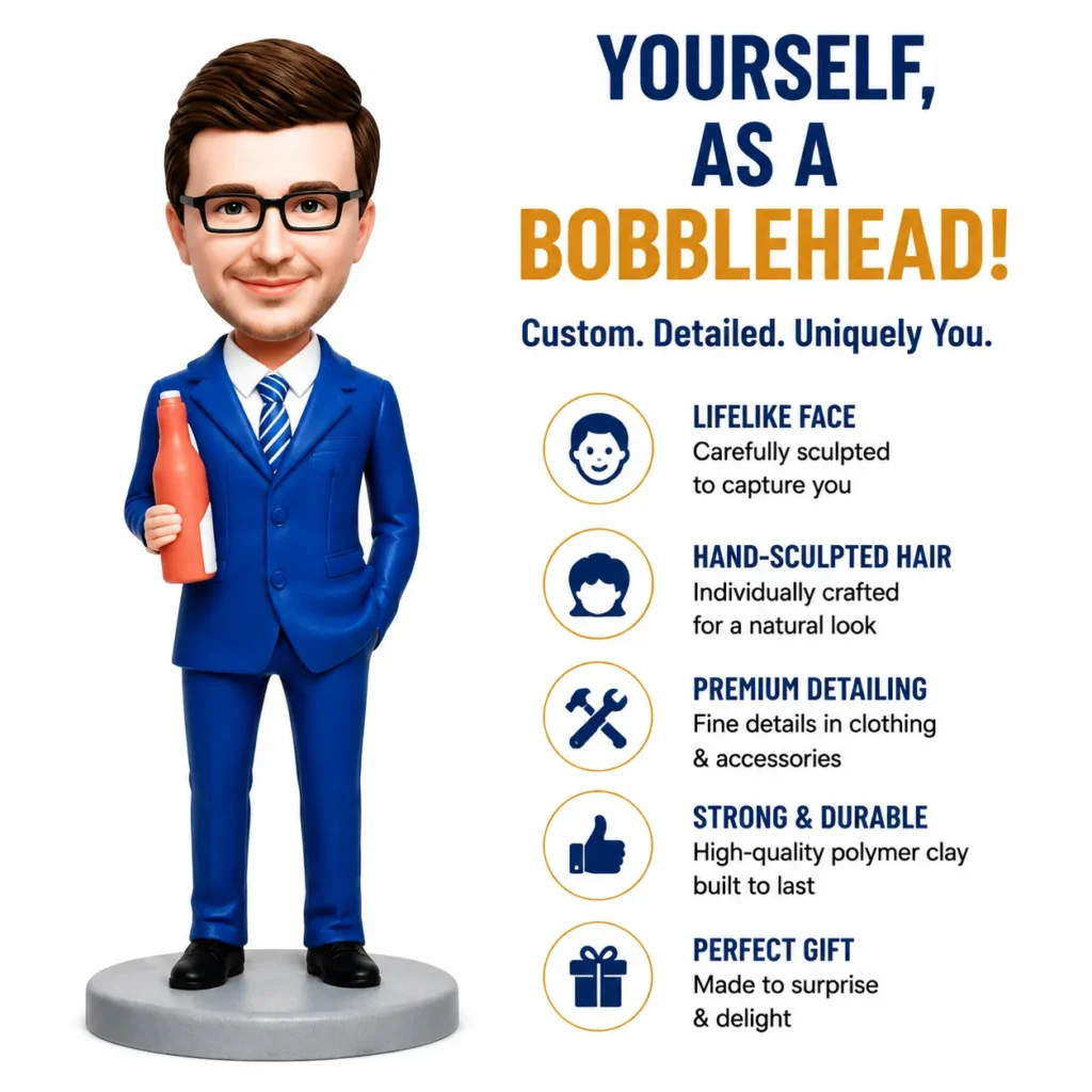 Bobblehead figure in a blue suit holding a bottle, beside a list of features about lifelike face, hand-sculpted hair, and premium detailing.