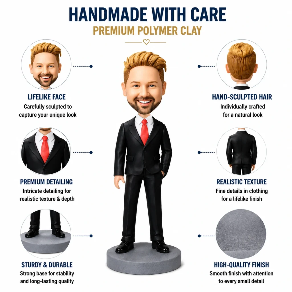 Infographic of a handmade polymer clay figure with callouts: lifelike face, hand-sculpted hair, premium detailing, realistic texture, sturdy base, and high-quality finish.