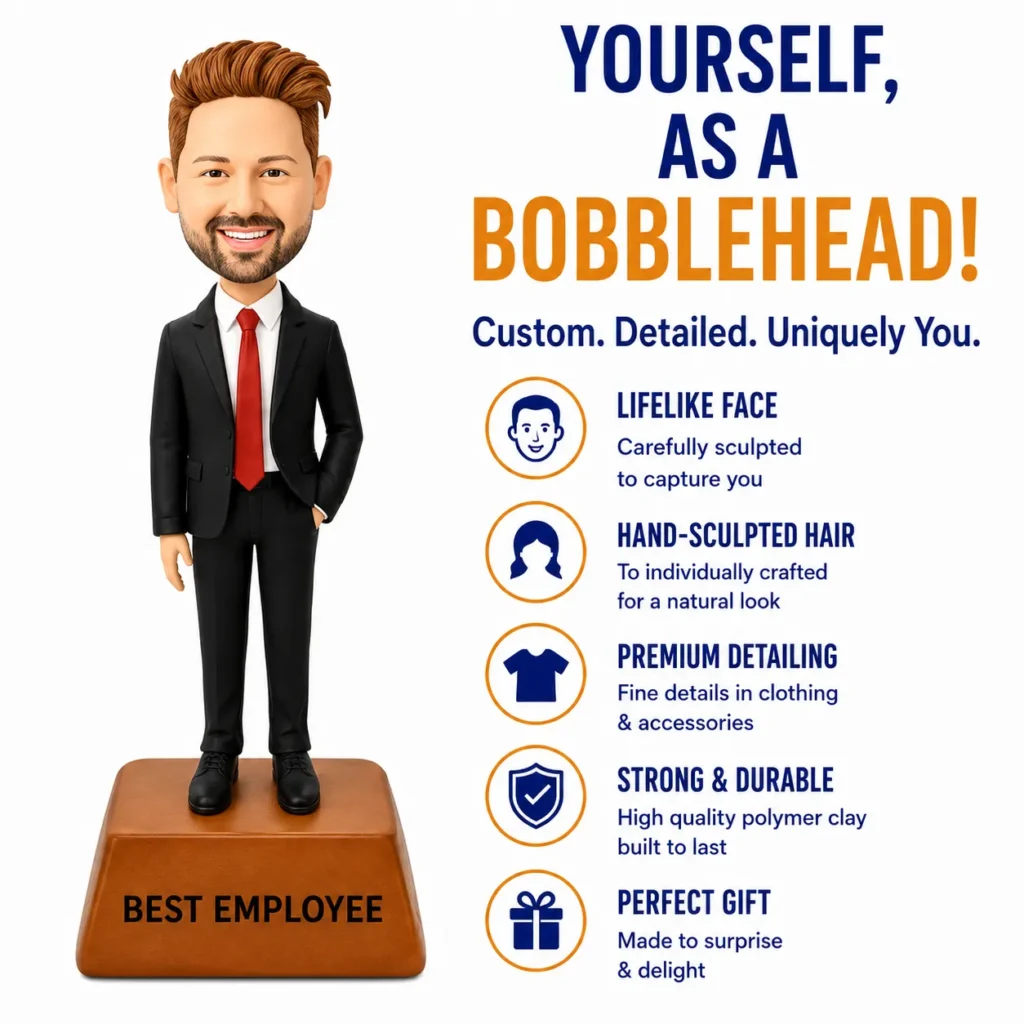 Promo image for personalized bobbleheads: cartoon man in a suit on a 'Best Employee' pedestal with a list of benefits and the headline 'Yourself, as a Bobblehead!'