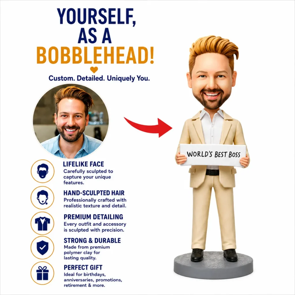 Promotional poster for custom bobbleheads: shows a man’s caricature holding 'World's Best Boss' sign with bold title 'Yourself, as a Bobblehead!' and feature bullets on the left side.