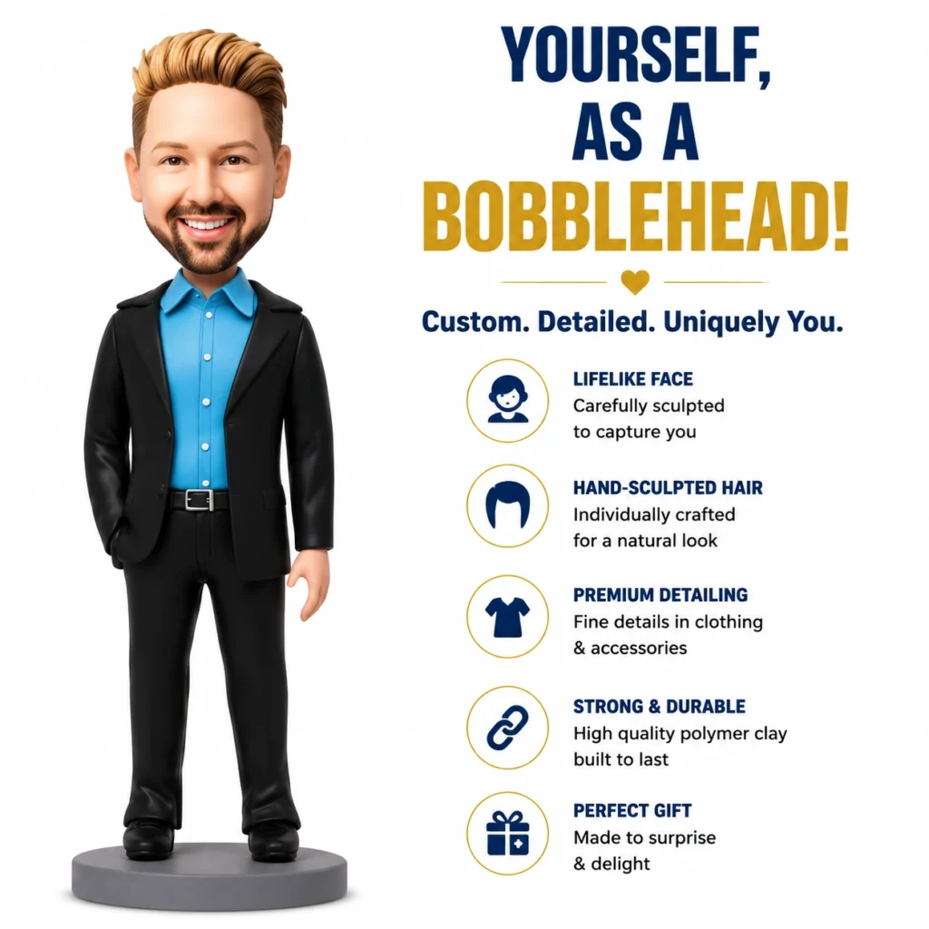 Promotional image of a male bobblehead in a blue shirt and black suit beside features like lifelike face and hand-sculpted hair.