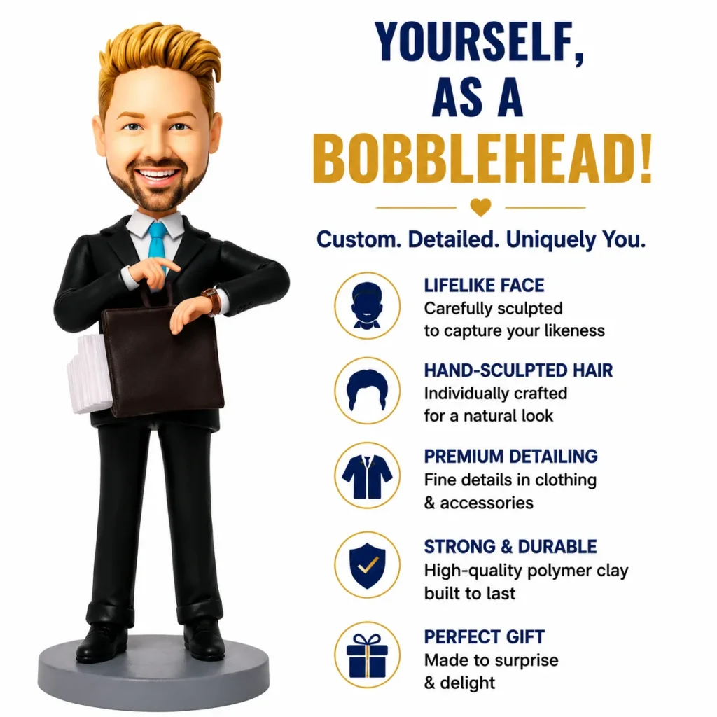 Business-bobblehead figure in a suit holding a folder, next to a list of customization features (lifelike face, hand-sculpted hair, premium detailing, strong & durable, perfect gift).