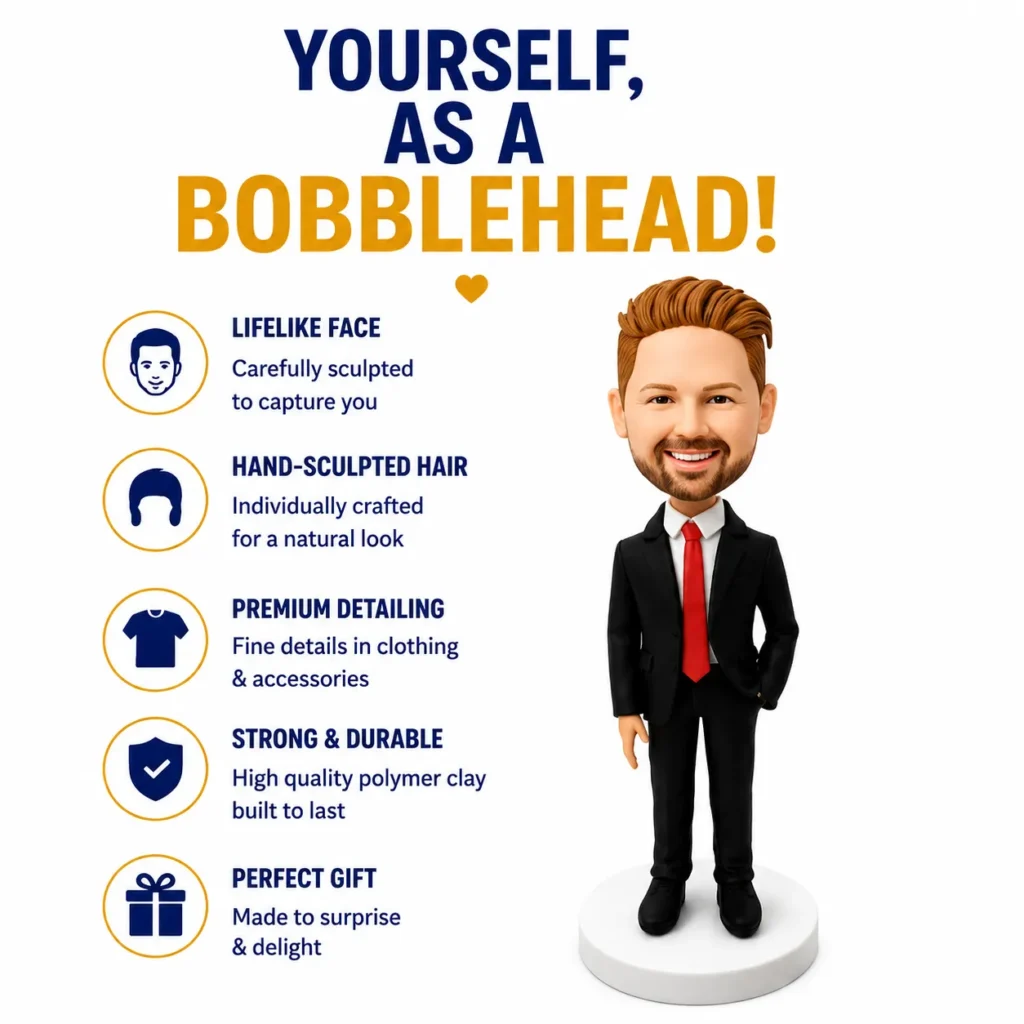 Promotional infographic for a bobblehead: left column lists features (lifelike face, hand-sculpted hair, premium detailing, strong & durable, perfect gift) with icons; right shows a standing bobblehead in a suit.