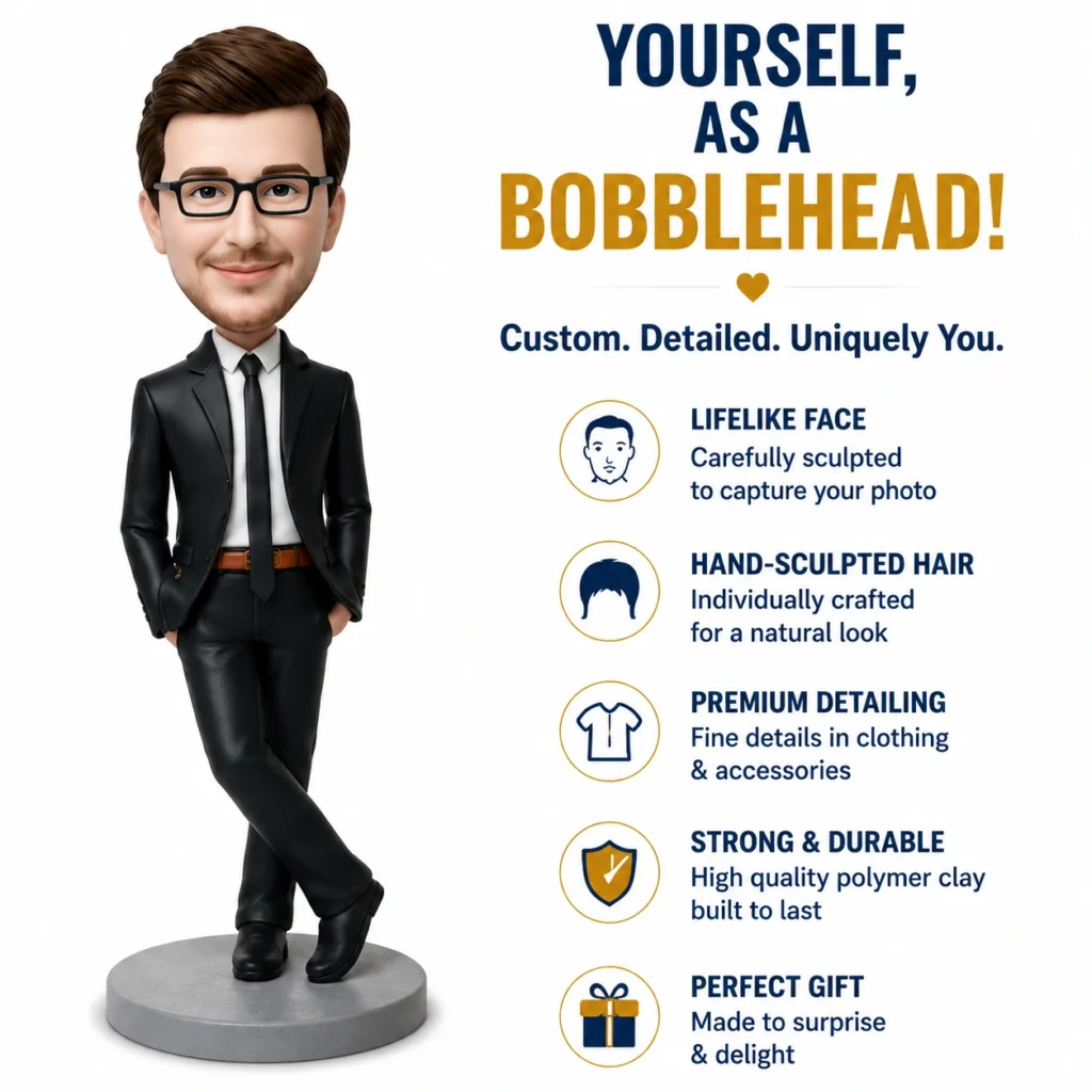 Bobblehead figure in a black suit stands on a gray base beside a product feature list (lifelike face, hand-sculpted hair, premium detailing, strong and durable, perfect gift).