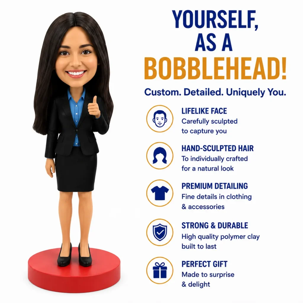 Businesswoman bobblehead standing on a red pedestal; right-side promotional text for a customizable bobblehead (lifelike face, sculpted hair, premium detailing).
