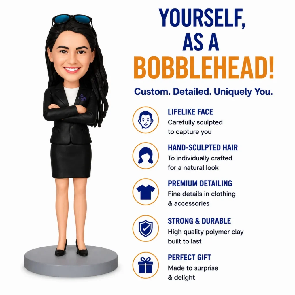 Bobblehead figure of a professional woman in a black suit standing with arms crossed beside a list of product features and icons in blue and orange text and graphics on the right.