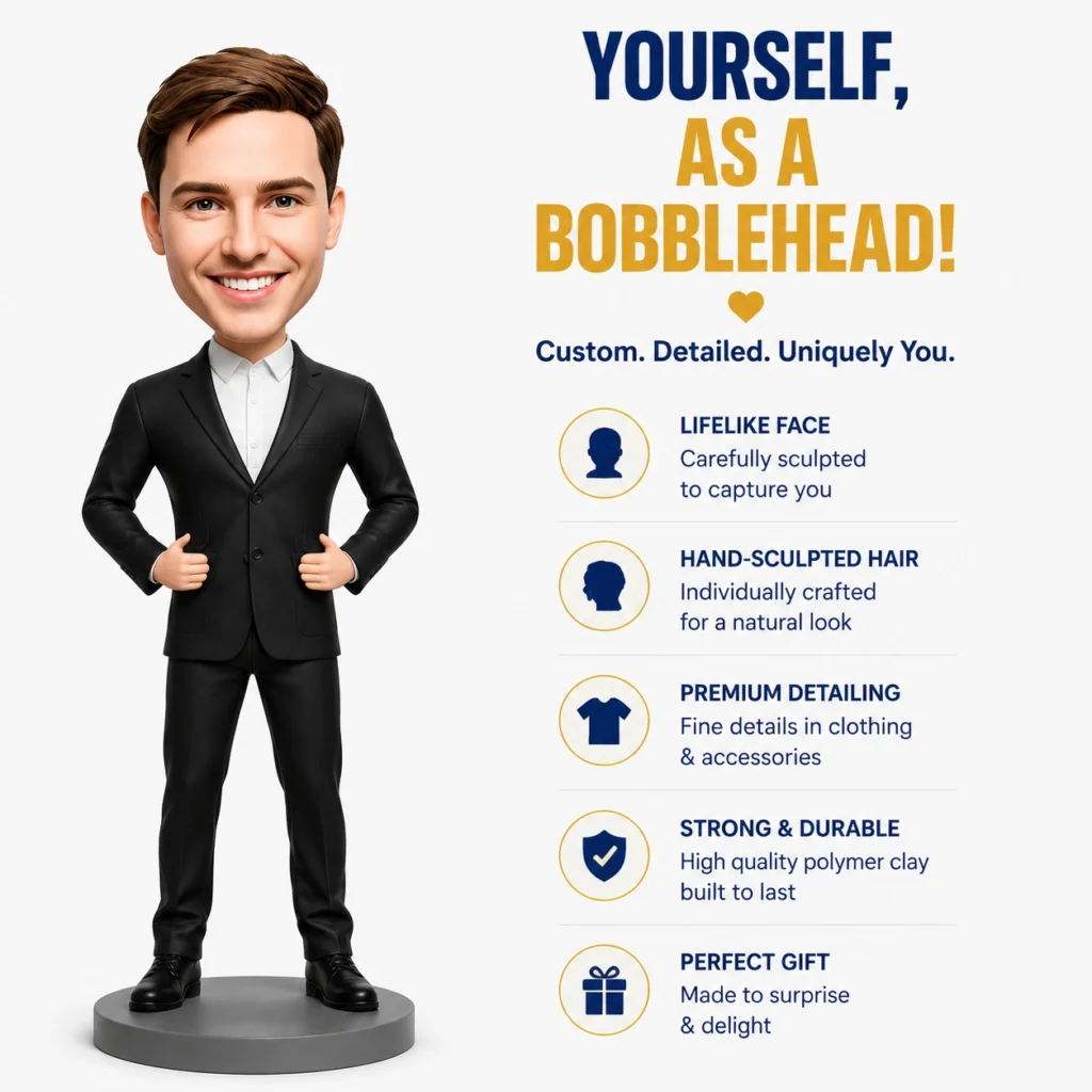 Bobblehead figure of a man in a black suit standing on a round base, with marketing text about custom bobbleheads on the right.