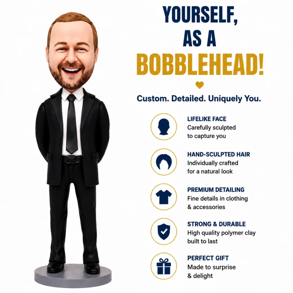 Smiling bobblehead figure in a black suit stands next to a right-side promotional list titled 'Yourself, as a Bobblehead!'