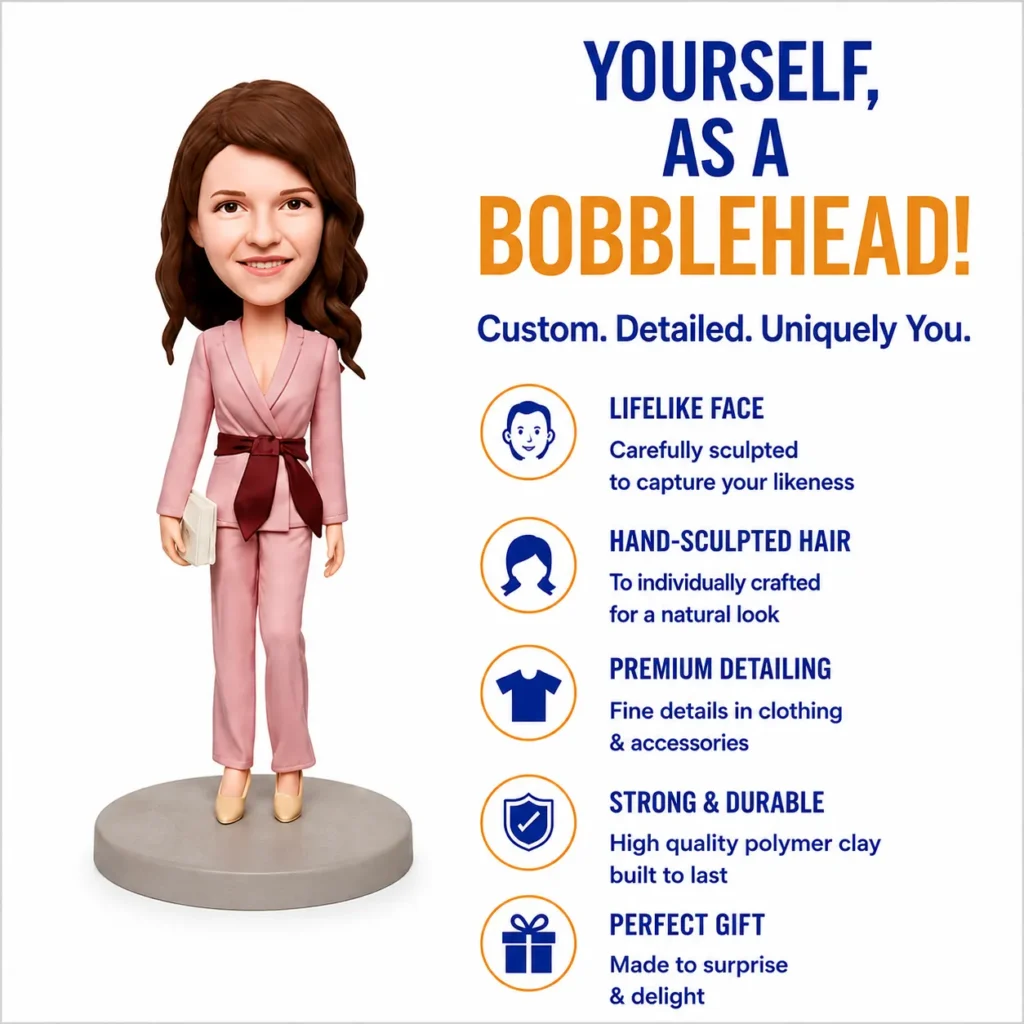 Custom bobblehead ad: female figurine in pink suit on the left, features list on the right.