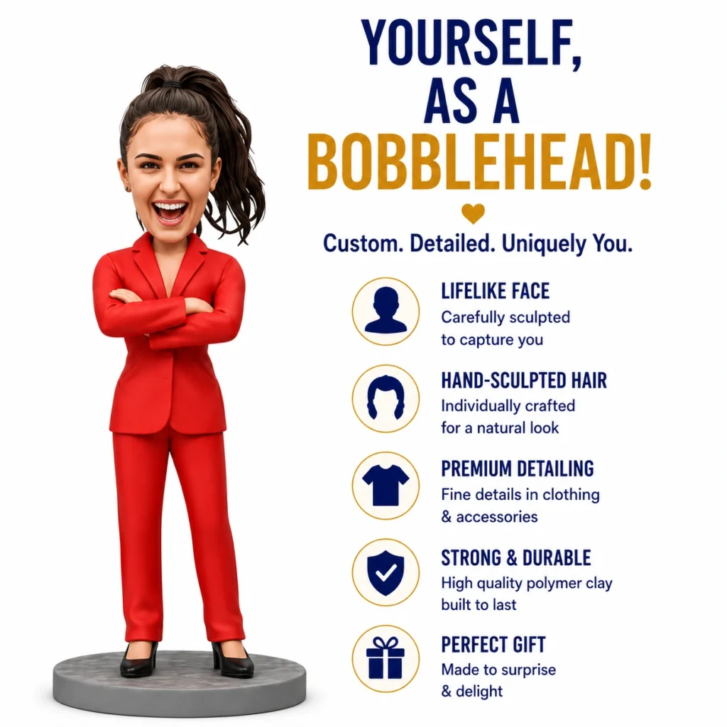 Bobblehead figure of a woman in a red suit with arms crossed, standing beside a list of product features.