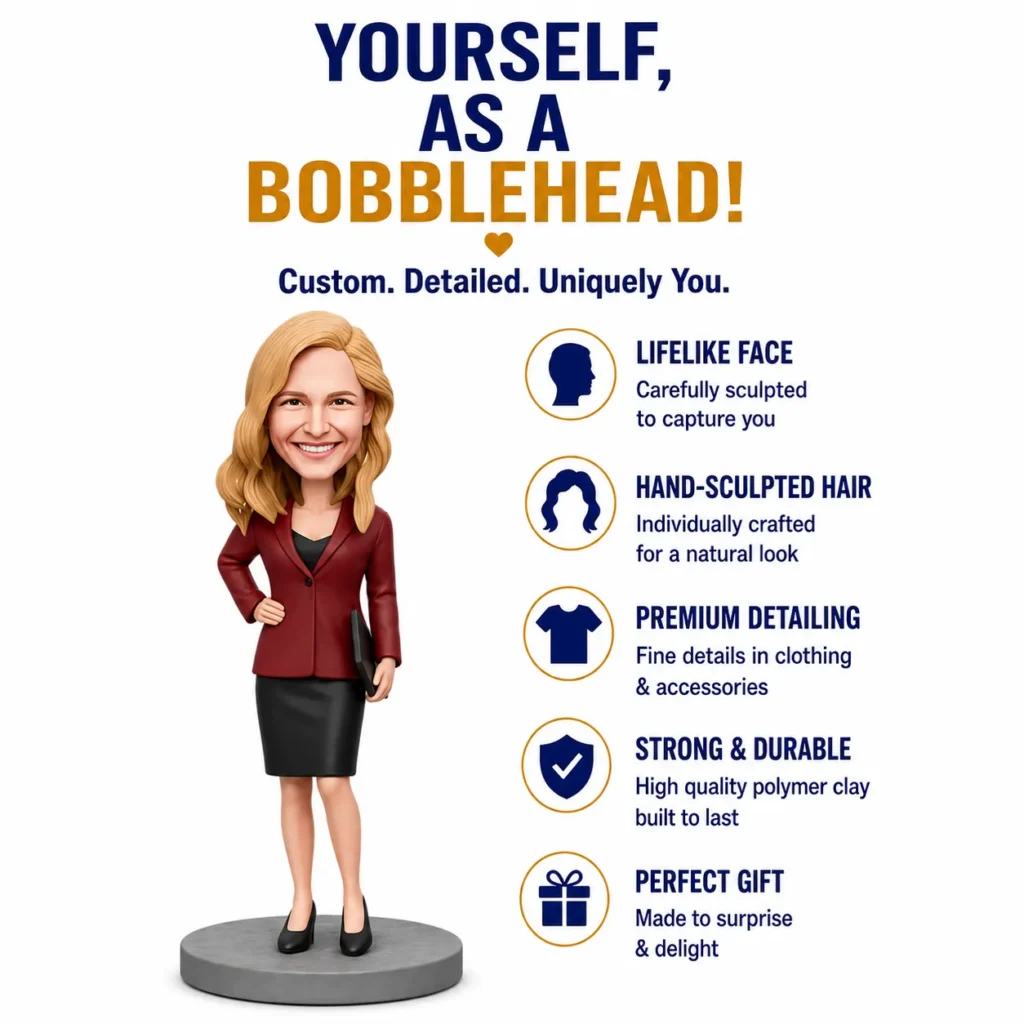 Bobblehead of a smiling businesswoman in a red blazer, standing on a gray base, with a features list to the right.