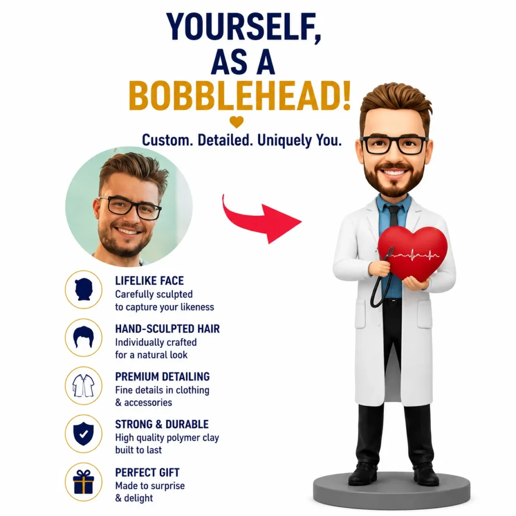Infographic titled 'YOURSELF, AS A BOBBLEHEAD!' showing a portrait on the left and a doctor holding a heart on the right with product features listed below.
