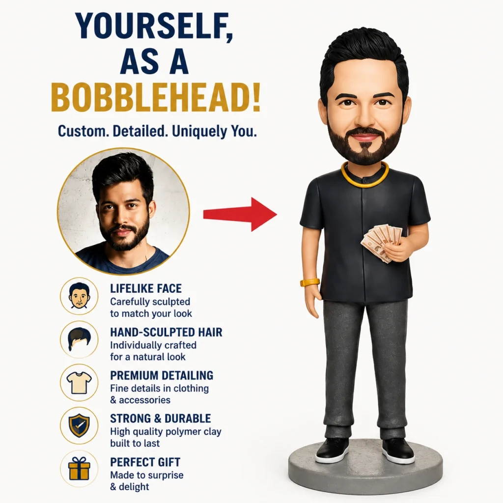 Promo image for a custom bobblehead service showing a large right-side bobblehead figure holding cash and a portrait option on the left. It also lists features like lifelike face and premium detailing.
