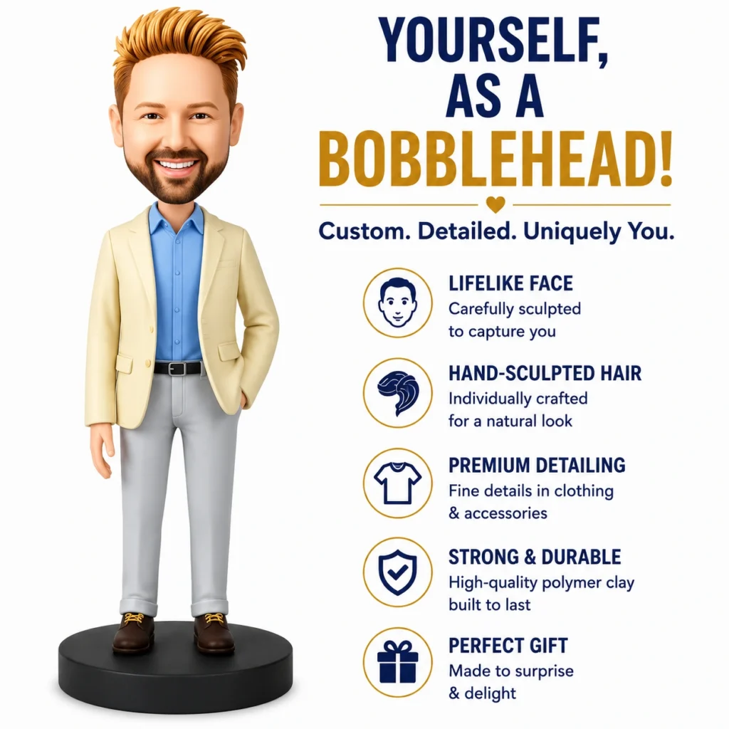 3D bobblehead figure in a beige blazer and blue shirt stands beside promotional text about custom bobbleheads and their features.