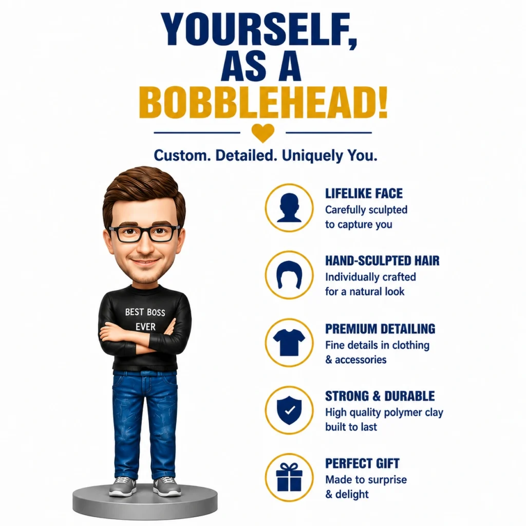 Promotional image for custom bobbleheads showing a cartoon man and features like lifelike face, hand-sculpted hair, premium detailing, durability, and gift-ready packaging.