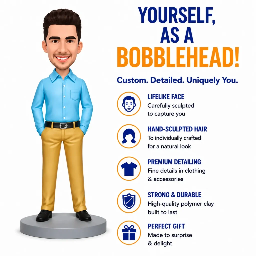 Bobblehead figure in a blue shirt and tan pants stands on a gray pedestal beside bold text about being yourself as a bobblehead and its features: lifelike face, hand-sculpted hair, premium detailing, strong and durable, perfect gift.